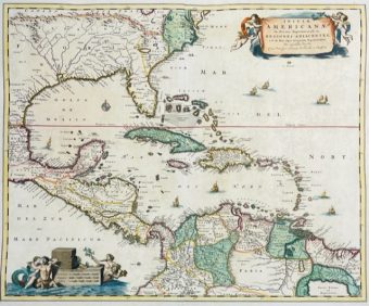 VISSCHER NICHOLAS - Mapa : Floryda, Karaiby, Zatoka Meksykańska [miedzioryt kolorowany]